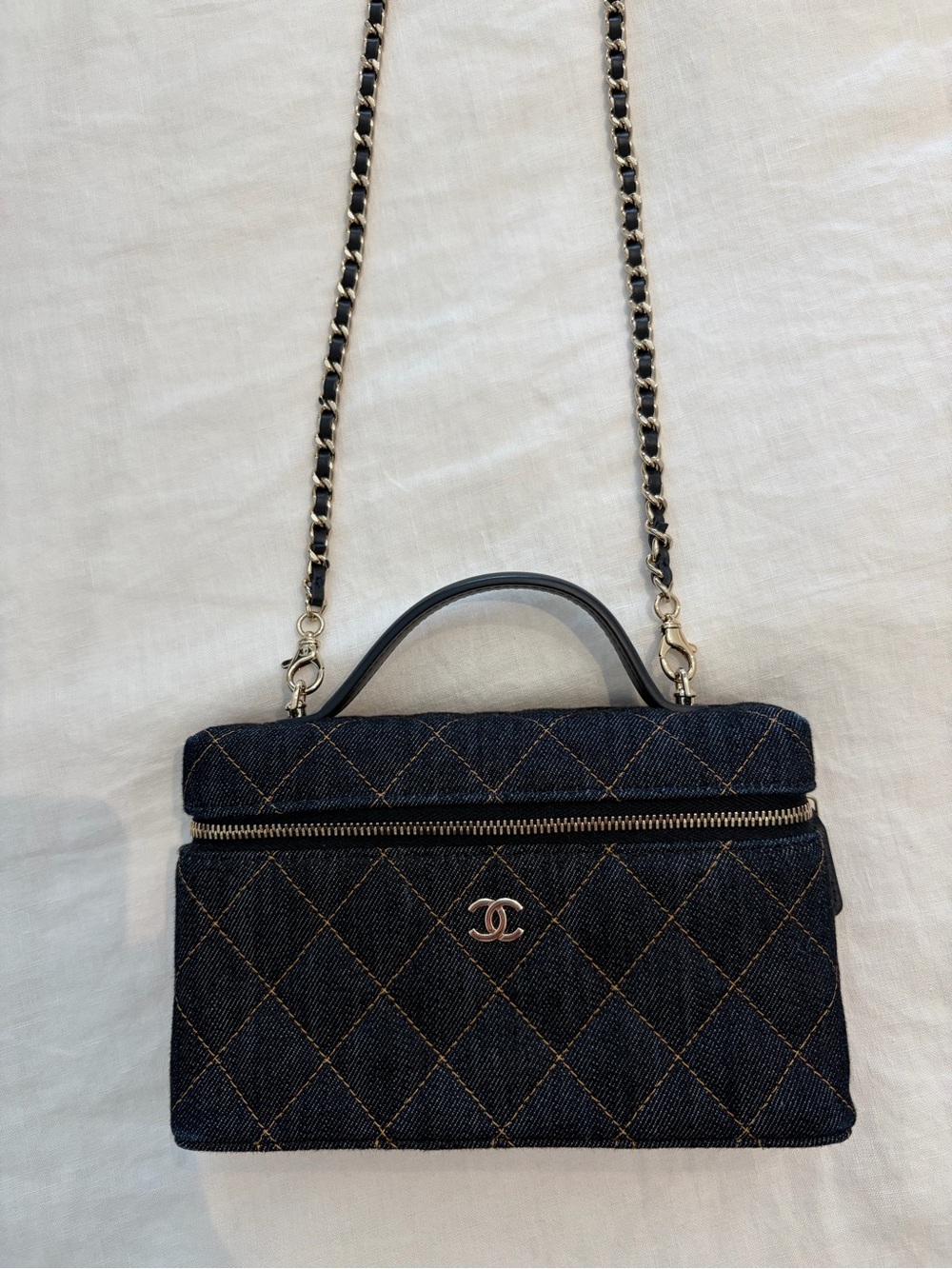 CHANEL Navy Quilted Denim Top Handle Crossbody with Chain Strap RARE
